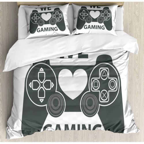  Boys Room Duvet Cover Set Twin Size by Lunarable, Doodle Style Video Games Typography Design with a Controller Sketch Artwork, Decorative 2 Piece Bedding Set with 1 Pillow Sham, Bl