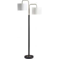 Rivet Modern Floor Lamp, 62.5H, With Bulb, Black & Antique Brass with Linen Shade