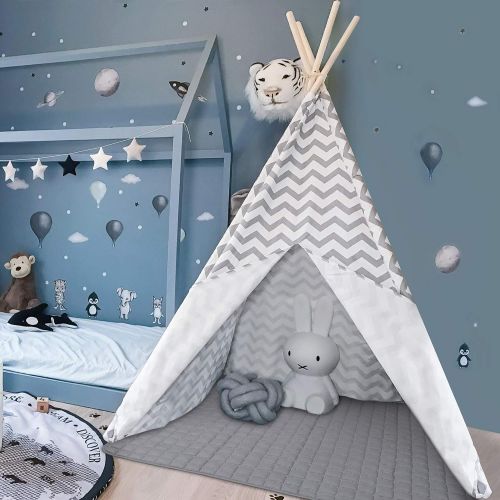  [아마존베스트]Tiny Land Teepee Tent for Kids Play Tent for Boy Girl Indoor & Outdoor, 5 Gray Chevron Heavy Cotton Canvas Teepee