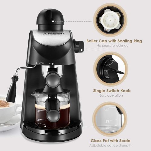 Aicook Kaffeemaschine mit Siebtrager | 5 bar Dampf-Kaffeemaschine | Professionelle Milchschaum Duese fuer Espresso Cappuccino und Latte, 1- 4 Tasse, 800W, Schwarz