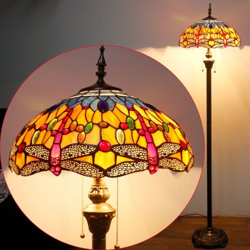  Tiffany Floor Lamp Standing Light W16 H64 Inch Green Yellow Dragonfly lampshade 2 Light Antique Base for Bedroom Living Room Reading Lighting Table Set S128 WERFACTORY