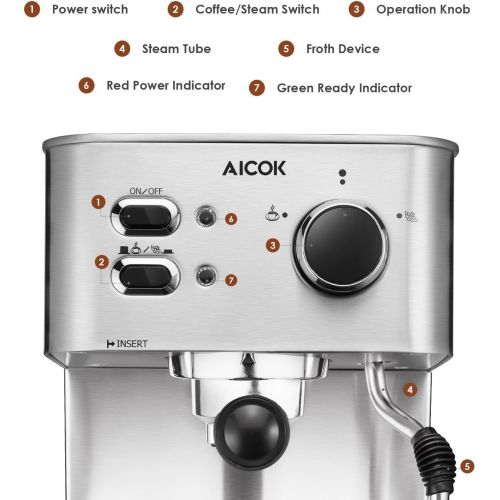  AICOK Espresso Machine, Cappuccino Coffee Maker with Milk Steamer Frother, 15 Bar Pump Latte and Moka Machine, Stainless Steel, Warm Top for Cup Placing, 1050W