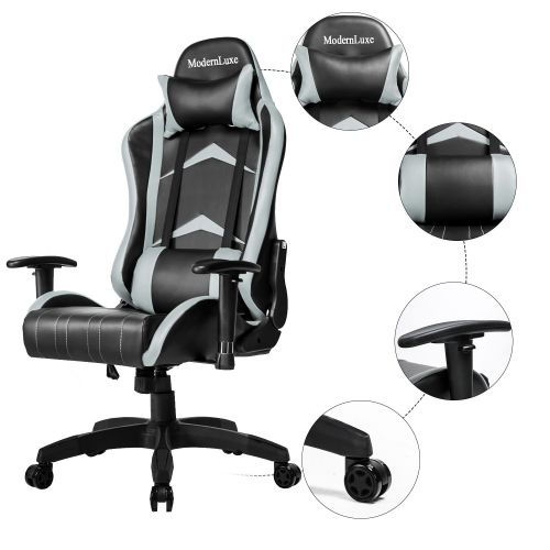  Modern Luxe Racing Style PU Leather Office Chair Swivel Computer Gaming Chair Executive Reclining Chair (Grey)