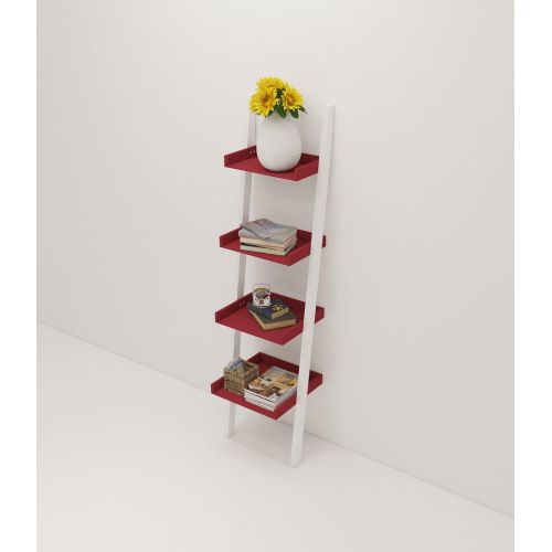  Amayo Home 4 Tier Bookcase White Ladder Shelf Unit Display Shelves Storage Shelving Leaning Bookshelf in White and Red Cherry Color. Sturdy, Modern & Multi Use for Any Rooms Indoor