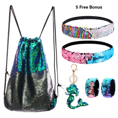  GADGETS ENTREPOT Mermaid Reversible Sequin Drawstring Backpack/Bag Green/Black for Kids Girls