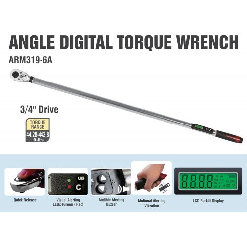  ACDelco Tools ARM319-6A 44.28-442.8 ft-lbs 34 Angle Electronic Digital Torque Wrench with Buzzer, Vibration & Flashing Notification