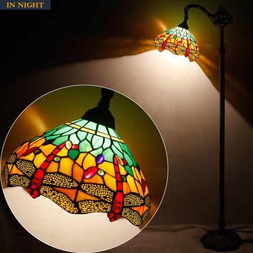  WERFACTORY Tiffany Style Reading Floor Lamp Stained Glass Green Yellow Dragonfly Lampshade in 64 Inch Tall Antique Arched Base for Girlfriend Bedroom Living Room Lighting Table Set S009G WERF