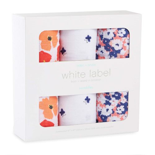  aden + anais White Label Swaddle Baby Blanket, 100% Cotton Muslin, Large 47 x 47, 3 Pack, Flora