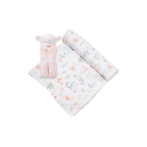  Angel Dear Swaddle and Blankie Gift Set, Swan Floral with Pink Lamb