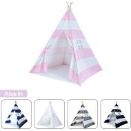 A Mustard Seed Toys Striped Pink Kids Teepee Tent, Perfect for Girls, Portable Canvas Tent, No Extra Chemials, Includes Carrying Case