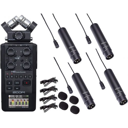  Zoom H6 Six-Track Portable Handy Recorder Bundle with 4-PACK of Movo XLR Lavalier Omnidirctional Clip-on Microphones