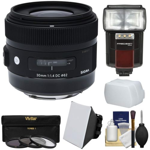  Sigma 30mm f1.4 Art DC HSM Lens with 3 UVCPLND8 Filters + Flash + Diffuser + Soft Box + Kit for Canon EOS Digital SLR Cameras