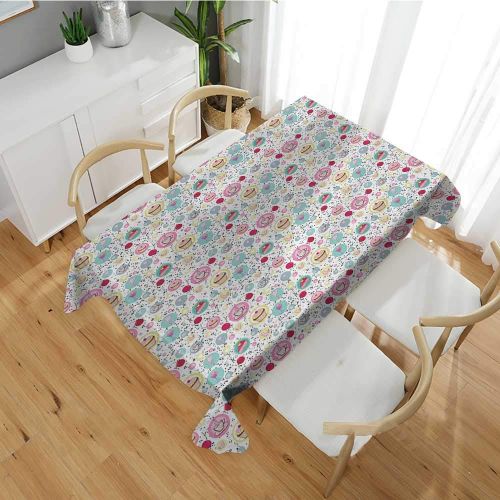  Familytaste Birthday,Wholesale tablecloths Cheerful Spotty Pattern with Coffee and Sweets Heart Shaped Flowers Birds Cherries Fabric Print Tablecloth Multicolor 70x 102