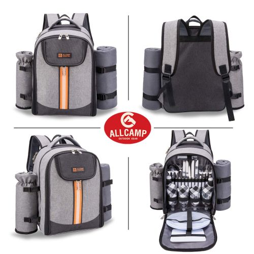  ALLCAMP OUTDOOR GEAR ALLCAMP 2 Person Picnic Backpack Set | Detachable Wine Insulated Cooler Basket Bag with Complete Tableware Set, Waterproof Fleece Blanket (Grey)