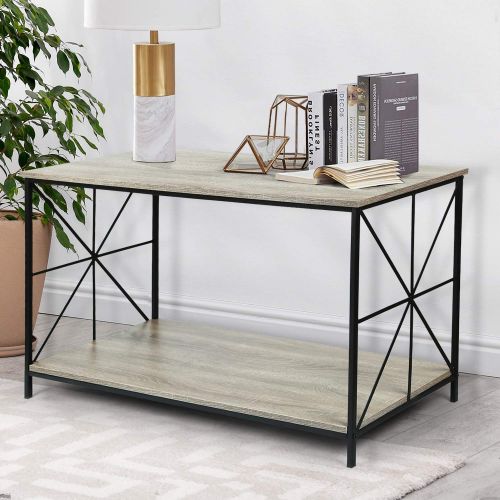  Adeco FT0198-2 Accent Storage, Wood Top Shelf with Sturdy Metal Frame, 24 Inches Height Coffee Tables Walnut