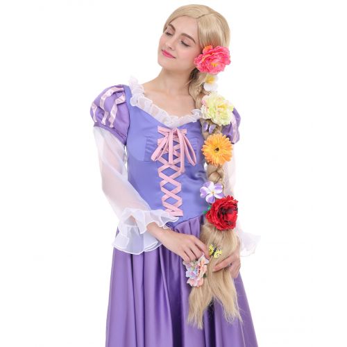  Angelaicos Womens Long Braids Blonde Costume Rapunzel Wig with 10pcs Flowers