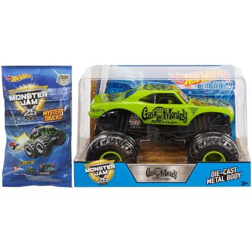  AYB Products Hot Wheels Gas Monkey MONSTER JAM 2018 Green Truck 1:24 & Mini Mystery Trucks Blind Bags (Series 1) with Launcher 25th Anniversary 2017