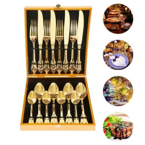  DCBRAA 16-Piece Gold Flatware Silverware Set,18/10 Heavy Duty Stainless Steel Flatware Service for 4,Cutlery Include Knife/Fork/Spoon/Coffee Spoon,Mirror Polished, Dishwasher Safety