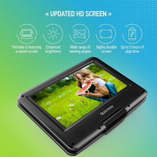  Portable DVD Player 11.5 with 5 Hours Rechargeable Battery by SPACEKEY, 9 Swivel Screen, Support USB/SD Slot and 1.8M Car Charger, Support Memory and Region Free (Black)