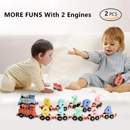  EFOSHM Wooden Train Toy Set 12pcs-Train Cars Digital Toy Set-Toy Train Sets for Kids Toddler Boys and Girls