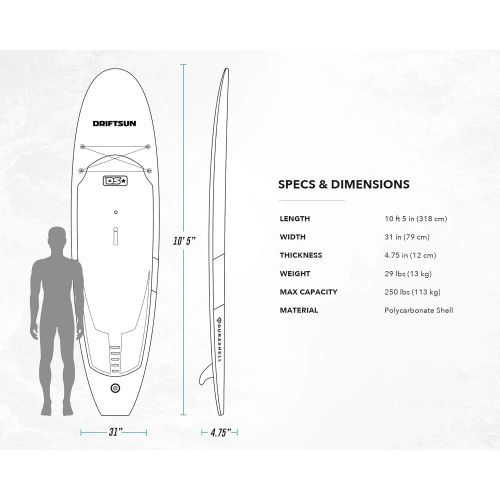 Driftsun Durashell Rigid Stand Up Paddleboard 10.5ft SUP, with Paddle, Fin, and Leash