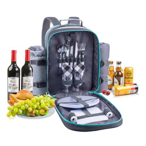  ALLCAMP OUTDOOR GEAR ALLCAMP Picnic Backpack for 2 Person with Detachable Bottle/Wine Holder, Fleece Blanket, Plates and Cutlery Set