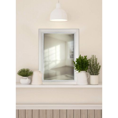  Mirrorize White Wash Hand Stained Wood Frame With Liner Beveled Mirror| Vanity,Hallway,Bathroom, Bedroom | 31.25x43.25 (Inner mirror 24X36)|White| Rectangle| Large Bevelled Mirror