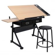 SD ZENY Height Adjustable Drafting Draft Desk Drawing Table Desk Tiltable Tabletop w/Stool and Storage Drawer for Reading, Writing Art Craft Work Station