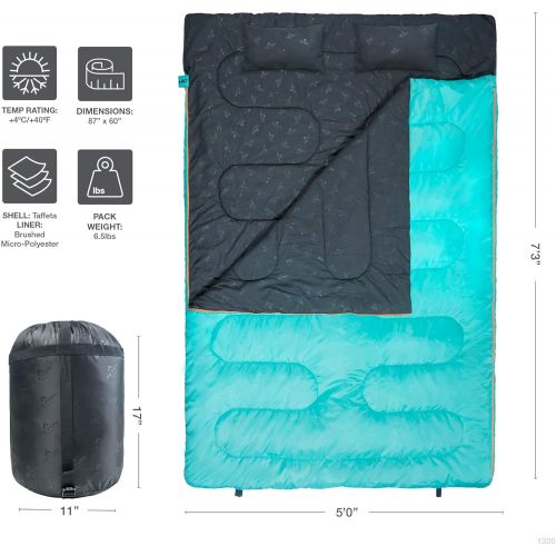  TETON Sports TETON SPORTS Cascade Double Sleeping Bag; Queen Size Sleeping Bag for Backpacking, Camping, Hiking, and Travel; with 2 Pillows; Lightweight Mammoth Double Bag; Teal; Compression Sa