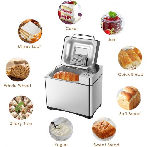  AICOK Automatic Bread Maker[2018 Upgraded], Aicok 2.2LB Fully Stainless Steel Bread Machine with Dispenser(19 Programs, 3 Loaf Sizes, 3 Crust Colors, 15-Hour Delay Timer, 1H Keep Warm, G