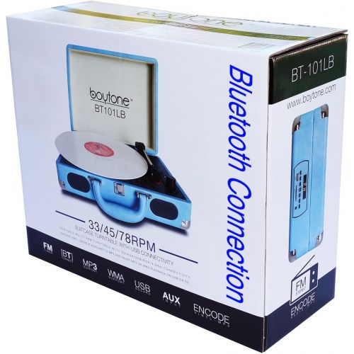 보이톤 Boytone BT-101BL Bluetooth Turntable Briefcase Record Player AC-DC, Built in Rechargeable Battery, 2 Stereo Speakers 3-Speed, LCD Display, FM Radio, USBSD,RCA, AUX  MP3, Encoding