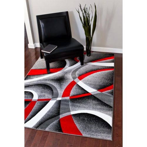  Persian Area Rugs 2305 Gray Black Red White Swirls 52 x72 Modern Abstract Area Rug Carpet by Persian-Rugs