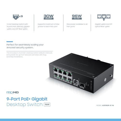  Amcrest Gigabit Uplink 9-Port Poe+ Ethernet Switch with Metal Housing