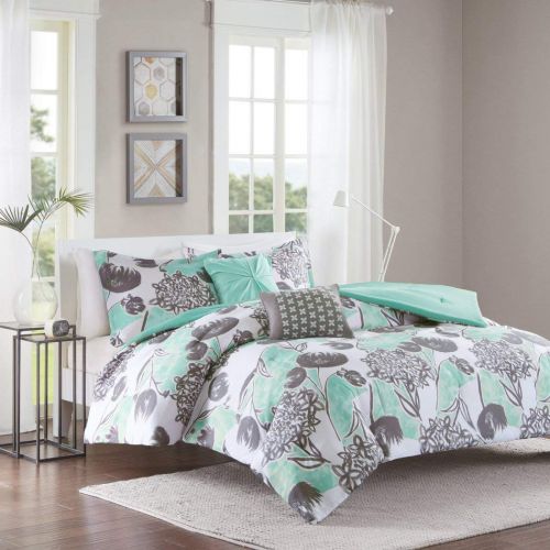  Avondale 5pc Girls Mint Grey Floral Theme Comforter Full Queen Set, Girly Flowers Pattern Solid Themed, Pretty Abstract Wild Flower Bedding, Dark Gray Seafoam Green