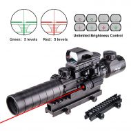 Pinty Rifle Scope 3-9x32EG Rangefinder Illuminated Reflex Sight 4 Reticle Red&Green Red Dot Laser Sight with 14 Slots 1” High Riser Mount