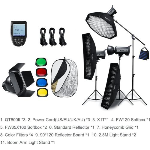  Godox QT600II x3 Built-in 2.4G Wireless X System,High Speed Studio Strobe Flash Light + Xpro-F Trigger Compatible Fuji,Softbox,Light Stand, Studio Boom Arm Top Light Stand (110v)