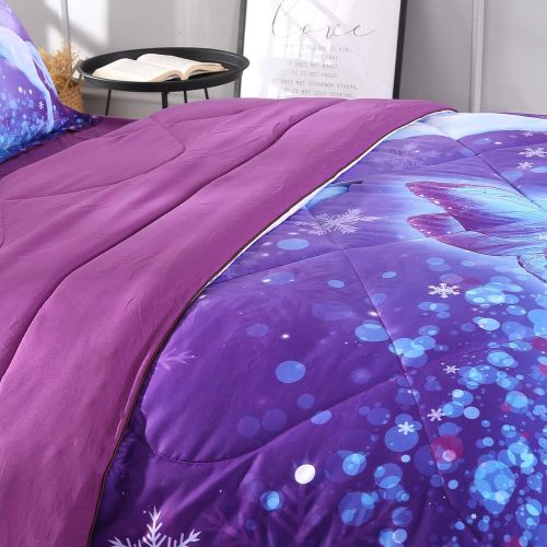  Wowelife Unicorn Twin Bedding 3D Purple Butterfly and Snowflake Kids Unicorn Theme 4 Piece Duvet Cover Set(Twin)