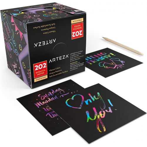  [아마존핫딜][아마존 핫딜] ARTEZA Scratch Paper Notes, Set of 202 Sheets, 3.5x3.5 inches 200 Rainbow Notes & 2 Space Patterned Notes, Include 2 Scratchers, 2 Sharpeners, for Kids, Art & Craft Classrooms and
