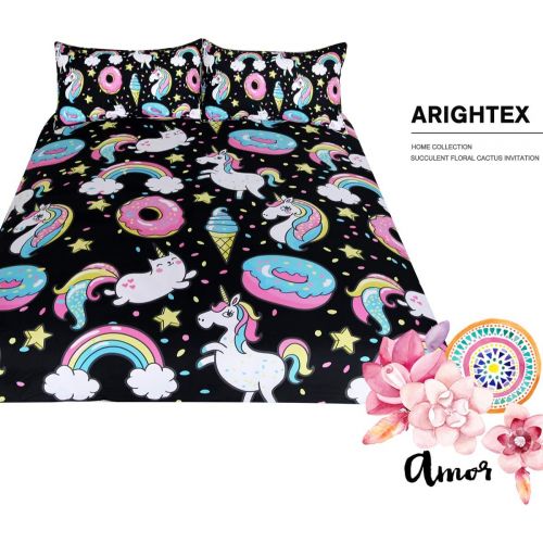  [아마존베스트]ARIGHTEX Chubby Unicorn Bedding Kids Girls Cute Unicorn in Rainbow Sprinkles Donut Pattern Duvet Cover 3 Piece College Dorm Sweet Bed Sets (Twin)
