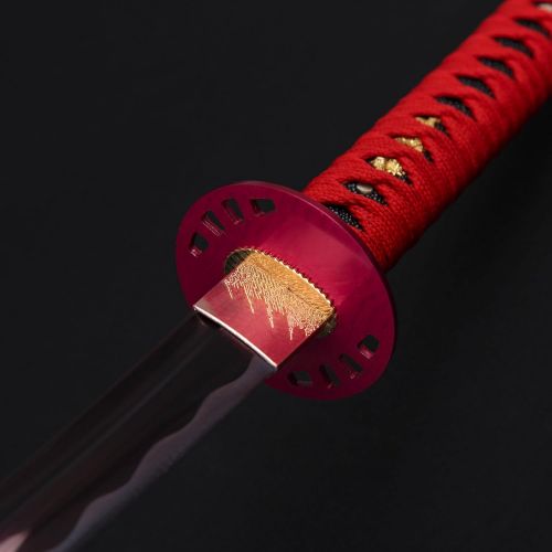 JZ Swords Katana Sword, Fully Handmade Real Japanese Sword 1040 High Carbon Steel Samurai Sword with Wooden Scabbard Alloy Guard (Red)