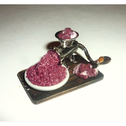  Donlane Meat grinder, the meat on the board, meat. Dollhouse miniature 1:12