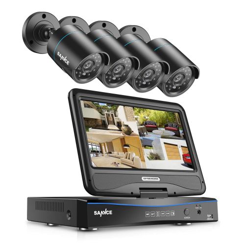  SANNCE 4-Channel 720P 10.1 LCD Monitor Security Camera System with (4) IP66 Weatherproof Night Vision Bullet Cameras, Remote Access in Mins Motion Detection Monitoring System(No HD