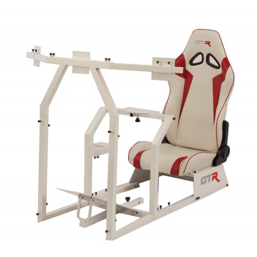 GTR Simulator GTR Racing Simulator GTAF-WHT-S105LWHTRD - GTA-F Model (White) Triple or Single Monitor Stand with WhiteRed Adjustable Leatherette Seat, Racing Simulator Cockpit Gaming Chair Sing