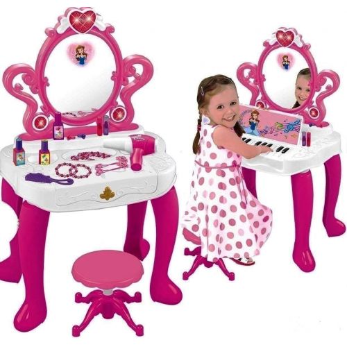  WolVol 2-in-1 Vanity Set Girls Toy Makeup Accessories with Working Piano & Flashing Lights, Big Mirror, Cosmetics, Working Hair Dryer - Glowing Princess Will Appear When Pressing T