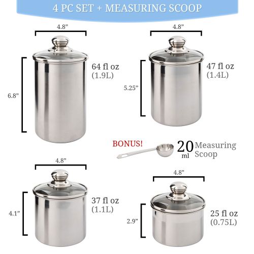  Beautiful Canisters Sets for the Kitchen Counter, Small Sized, 4-Piece Stainless Steel with Glass Lids and 20 ml Measuring Scoop - SilverOnyx Tea Coffee Sugar Canisters - 4pc Glass