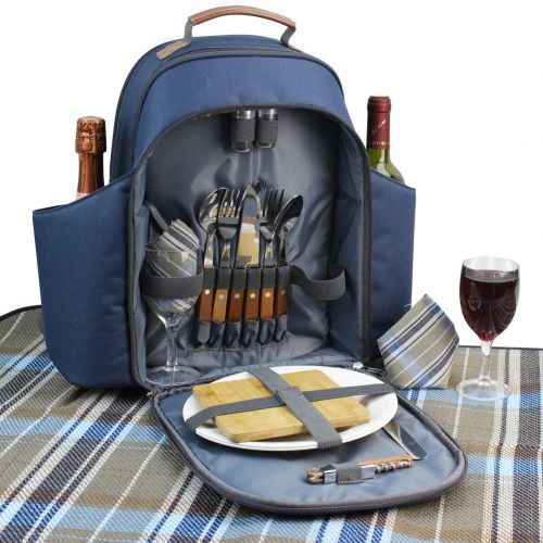  HappyPicnic Insulated Picnic Backpack for 2 Persons with Full Set of Tablewares, Roomy Cooler Compartment, Bottle Holders and Large Waterproof Picnic Rug (Navy Blue)