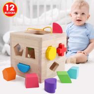 [아마존 핫딜]  [아마존핫딜]QZMTOY QZM Shape Sorter Toys with 12 Colorful Wood Geometric Shape Blocks and Sorter Sorting Cube Box Classic Wooden Developmental Toy for Preschool Toddlers Girl Boys Birthday Gift