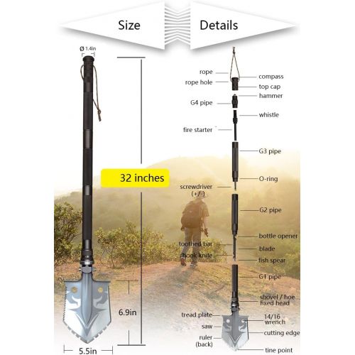  Otplore Folding Tactical Camping Shovel - Heavy Duty Compact Multitool Military Survival Shovel for Camping Backpacking Hiking Car Emergency, 32