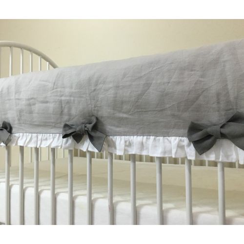  SuperiorCustomLinens Stone Grey Rail Cover w. Medium Grey Bows, White ruffle finish, Handmade Bumperless Crib Bedding Set, Neutral Baby Bedding Set, FREE SHIPPING