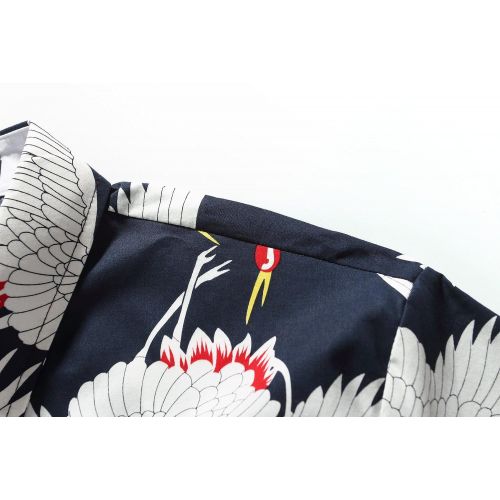  SSLR Mens Cotton Crane Button Down Short Sleeve Casual Hawaiian Shirt